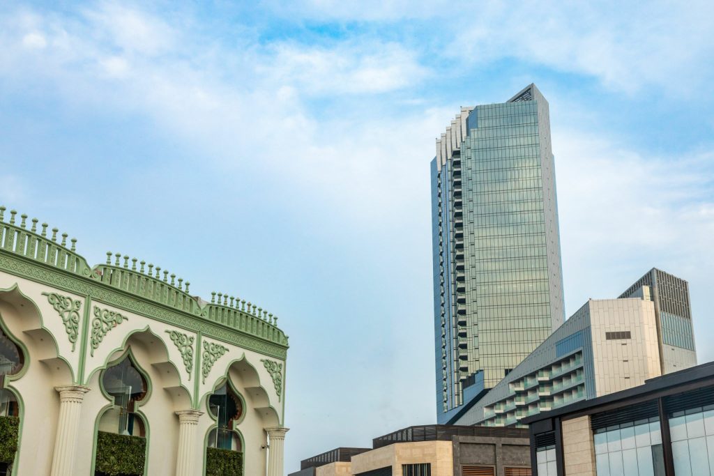 Modern building and traditional decorated buildings, Al Khobar, Saudi Arabia